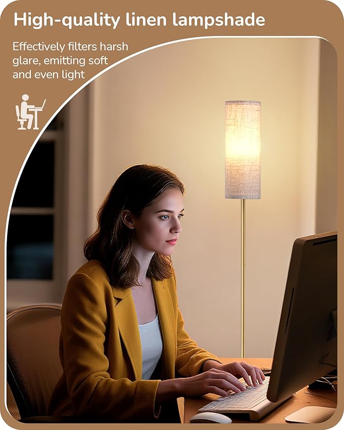 EDISHINE Floor Lamps for Living Room, 63.7in Minimalist Standing Lamp with Foot Pedal Switch, Modern Floor Lamp for Bedroom, Office, Nursery, 3 Color Temperature, 9W Bulb Included, Gold