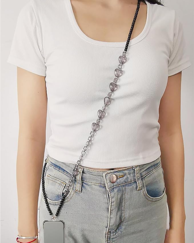 Phone Chain Crossbody Pearl Strap,Pearl Beaded Chain Shoulder Crossbody Lanyard with Phone Tether Patches Compatible with Most Phones Bag Purse