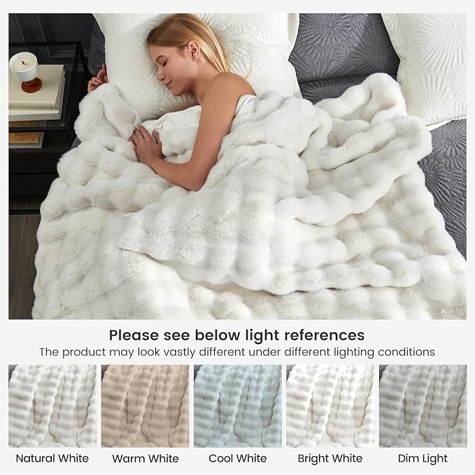 Cozy Bliss Faux Fur Throw Blanket for Couch, Fuzzy Soft Plush Thick Bubble Blanket for Sofa Bedroom Living Room, 90 * 90 Inches Cream White