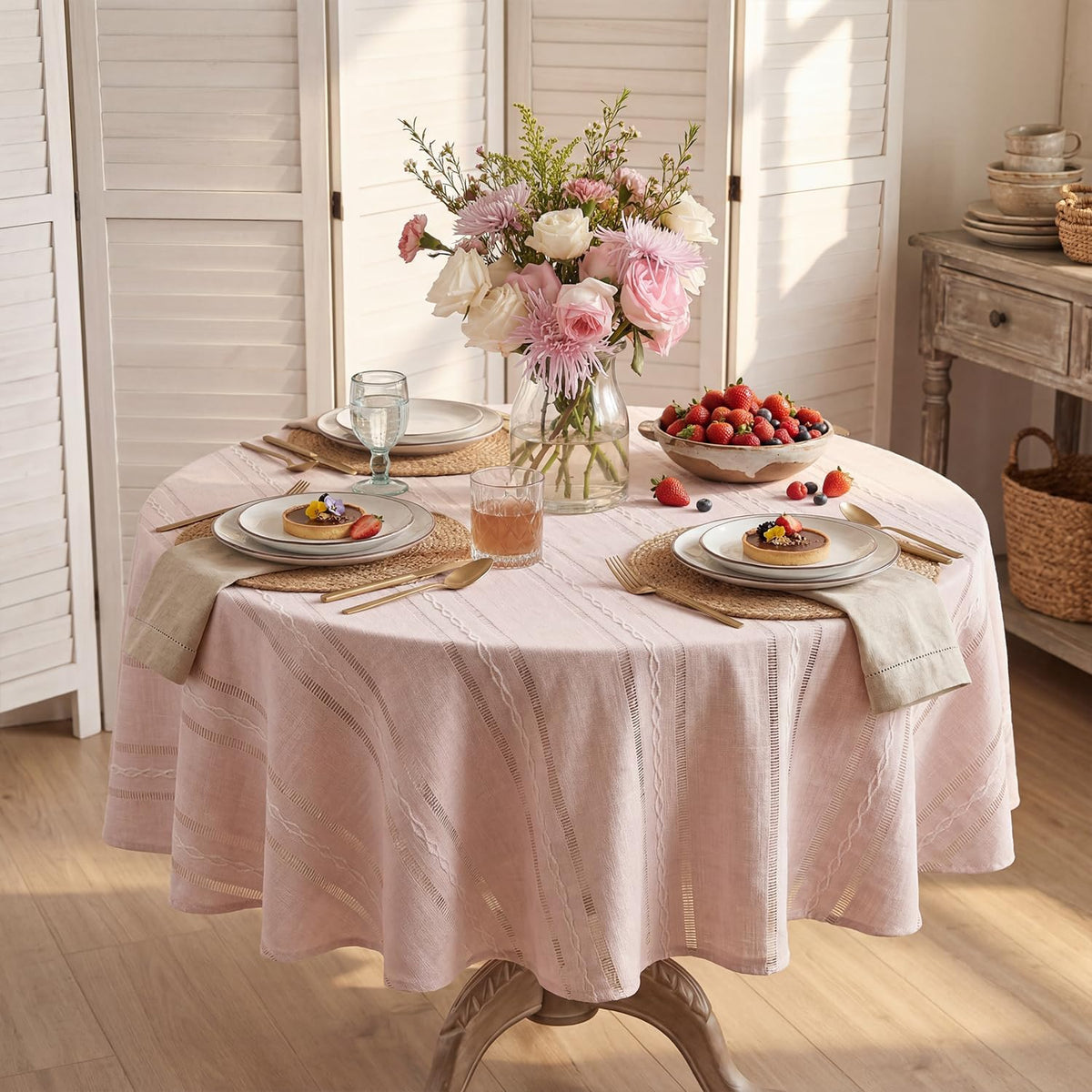 Horaldaily Pink Cotton Blend Tablecloth 60×60 Inch Round, Farmhouse Style, Wrinkle Resistant Washable Table Cloth, Hemstitched Embroidery Table Cover for Home