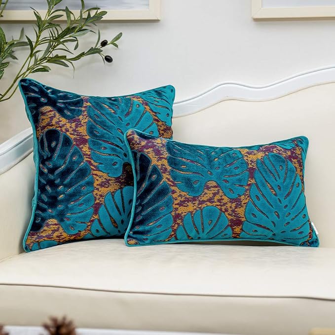 Alerfa 18 x 18 Inch Square Leaf Pillow Embroidery Cut Velvet Cushion Case Luxury Modern Lumbar Throw Pillow Cover Decorative Pillow for Couch Sofa Living Room Bedroom Car, Navy Blue