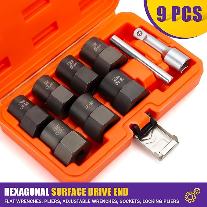 9PCS Bolt Extractor Kit Heavy Duty, 1/2" Drive Impact Lug Nut Remover Tool, Nut Extractor Set Large Size 17-27mm For Removing Stripped, Damaged, Rounded off and Rusted Nuts, Bolts, Studs