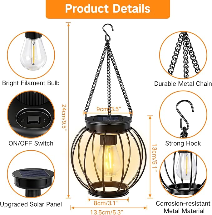 Outdoor Solar Lanterns, Waterproof Metal Hanging Lights with Warm White LED, Auto On/Off, Upgraded Brighter Decorative Lanterns for Garden Patio Yard Porch, Gifts for Women Mom, 4 Pack