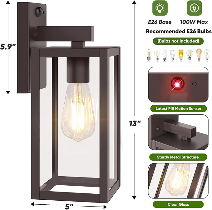 Upgraded Motion Sensor Outdoor Wall Light, 13” Dusk to Dawn Porch Light Outdoor Wall Sconce Lantern, 3 Lighting Modes Exterior Lighting Fixture Wall Mount, Outside Light for House Garage Patio, Brown