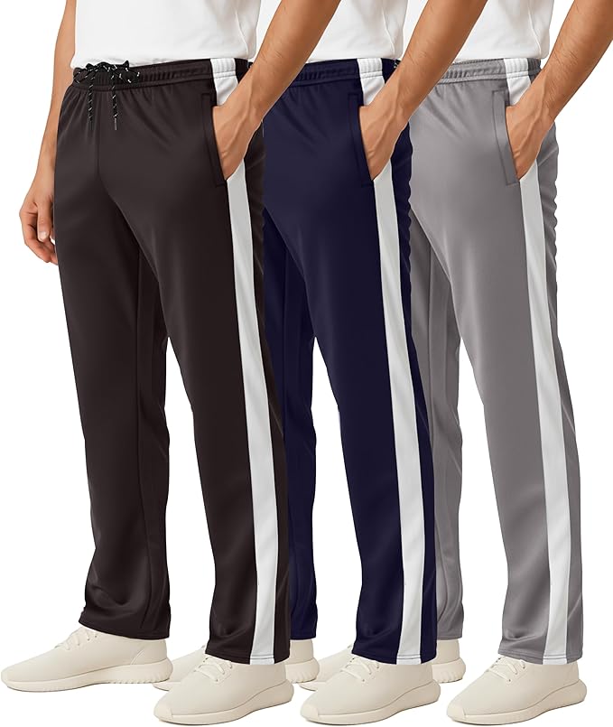 3 Pack Men's Mesh Open Bottom Sweatpants Active Athletic Workout Gym Pocket | Available in Big & Tall, Uncuffed, Elastic Waistband, Drawstring, Straight Leg, Running, Jogging, Exercise, Training, Sports