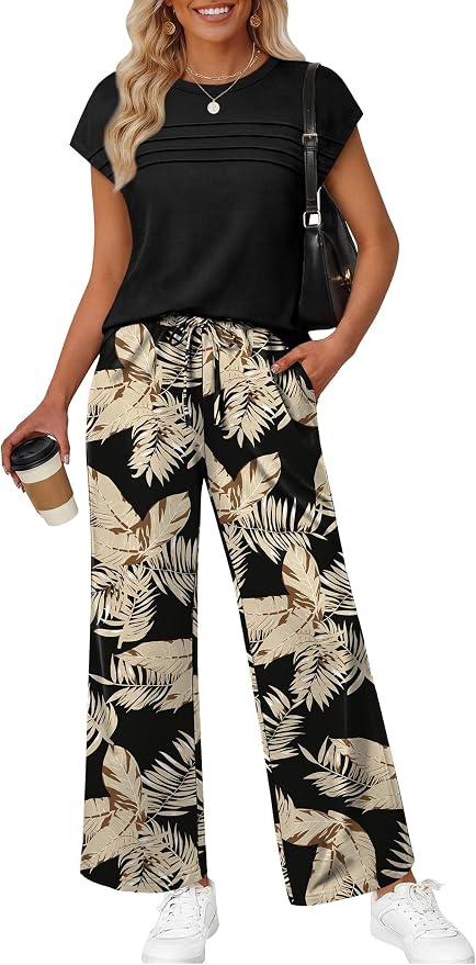 WIHOLL Two Piece Set for Women Summer Spring Outfits Matching Sets Women Clothing Airport Travel Vacation Wide Leg Pants