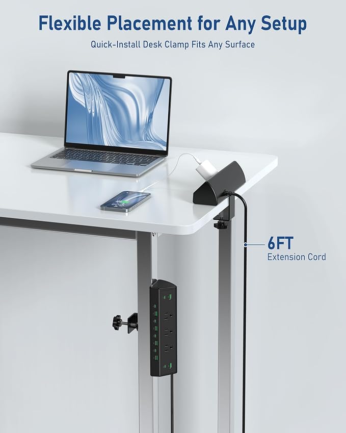 Jgstkcity 90W Desk Clamp Power Strip,12 USB Ports (6 PD 45W USB-C),Surge Protector,ETL Listed Power Hub Extension Cord,Fast Charging Station for Home Office Desk Edge Mount (Black,12 USB-90W)