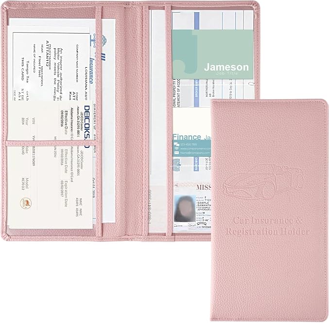 JUSTTOP 1Pack Car Registration and Insurance Holder,Car Document Holder for Cards License with Magnetic Shut,Vehicle Glove Box Car Organizer for Documents, Cards, License(Embossed leather Pink)
