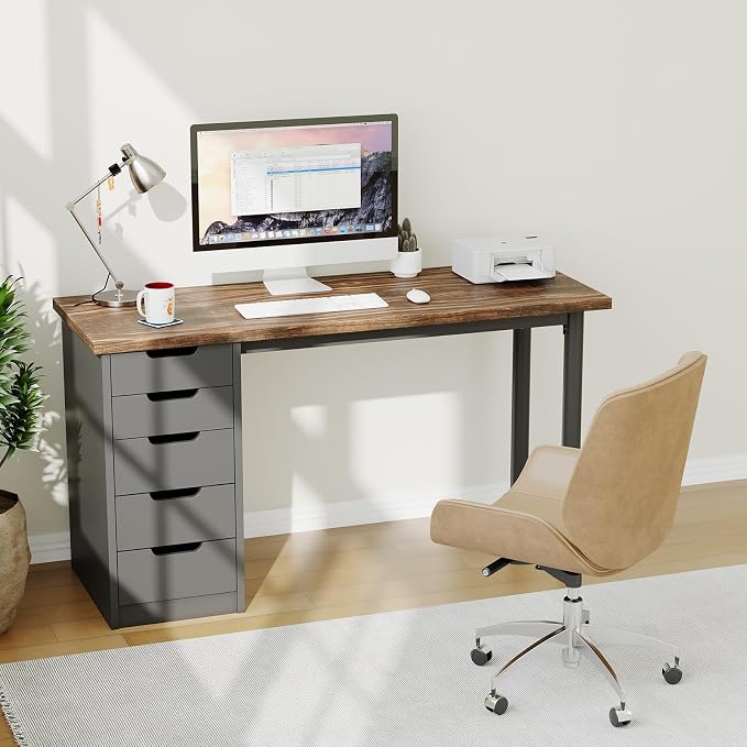 Garvee Computer Desk with 5 Drawers, 47 Inch Modern Simple Study Writing Desk with Storage, Rustic Home Office Desk, Reversible Computer Desk for Small Spaces, Apartments, Dorms, Brown+Black