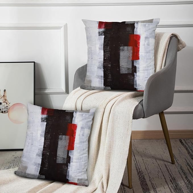 Throw Pillow Covers for Couch, 24x24 Inch, 2 Pack, Red Grey | Decorative Throw Pillow Covers Cushion Covers for Couch Bedroom Sofa Living Room
