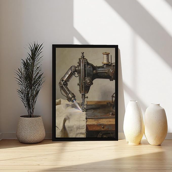 Framed Steampunk Mechanical Sewing Machine Wall Art - Retro Industrial Workshop Poster for Home Office Studio Decor 08x12in