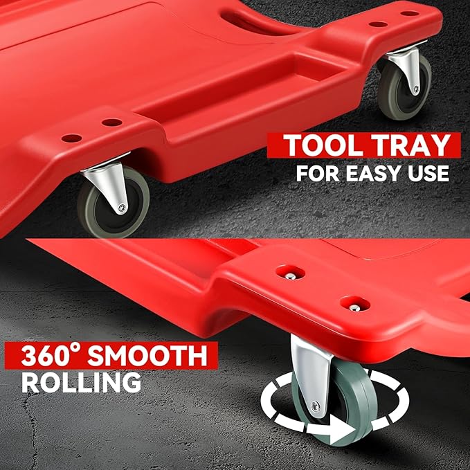 Auto Dynasty 40 Inches Mechanic Creeper, Automotive Garage Repair Low Profile Under Car Rolling Creeper with Padded Headrest, Plastic, Red