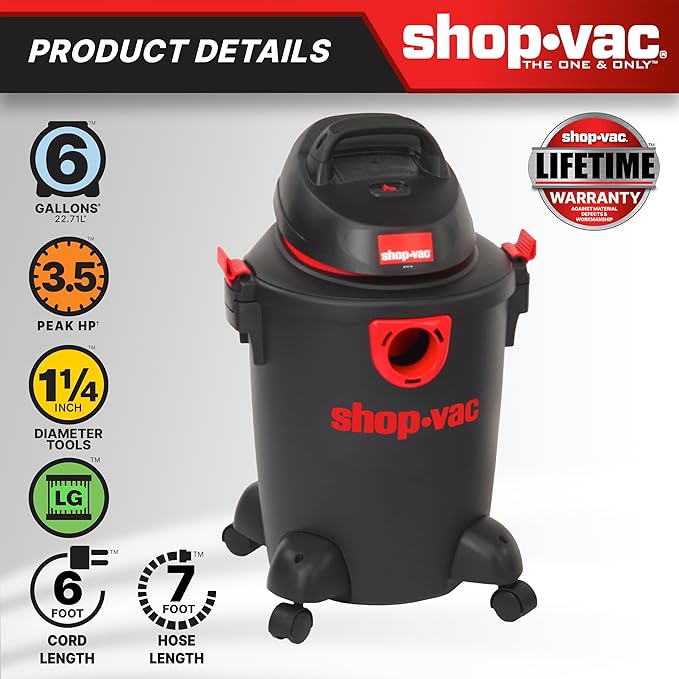 Shop-Vac 5985005 6 Gallon Wet/Dry Vacuum, 3.5 Peak HP, 1.25 Inch Diameter x 7 Foot Hose, 6 Foot Cord, Ideal for Home, Garage, and Workshop Cleaning