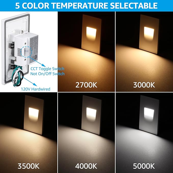 LEONLITE 5CCT 120V LED Step Lights, 3.5W 150LM 5%-100% Dimmable Indoor Outdoor Waterproof Vertical Stair Light, 2700K/3000K/3500K/4000K/5000K Selectable, CRI90, ETL, Aluminum, White, Pack of 3