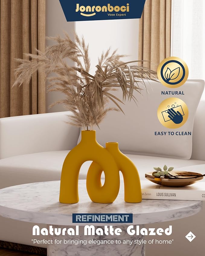 Hug Donut Decorative Vase Set - Yellow Vase, Modern Nordic Boho Style Vases Home Decor, Matte Ceramic Decorations for Living Room Shelf, Bookshelf Mantle Entryway Table or Console Décor (Yellow)