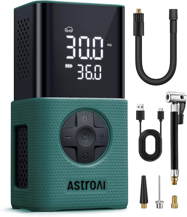 AstroAI L7S Tire Inflator Portable Air Compressor Cordless with Digital Pressure Gauge, 150 PSI LED Light Bike Air Pump with Fast Inflation & Auto Shut-Off for Car Tires,Motorcycles,Bikes,Balls,Green