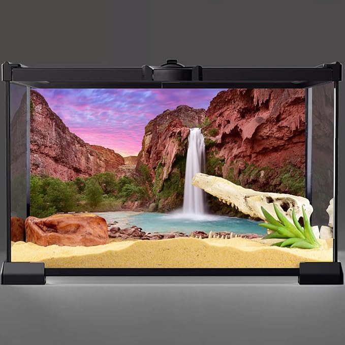 AWERT 24x16 inches Reptile Habitat Background Sunset Mountain Waterfall Terrarium Background