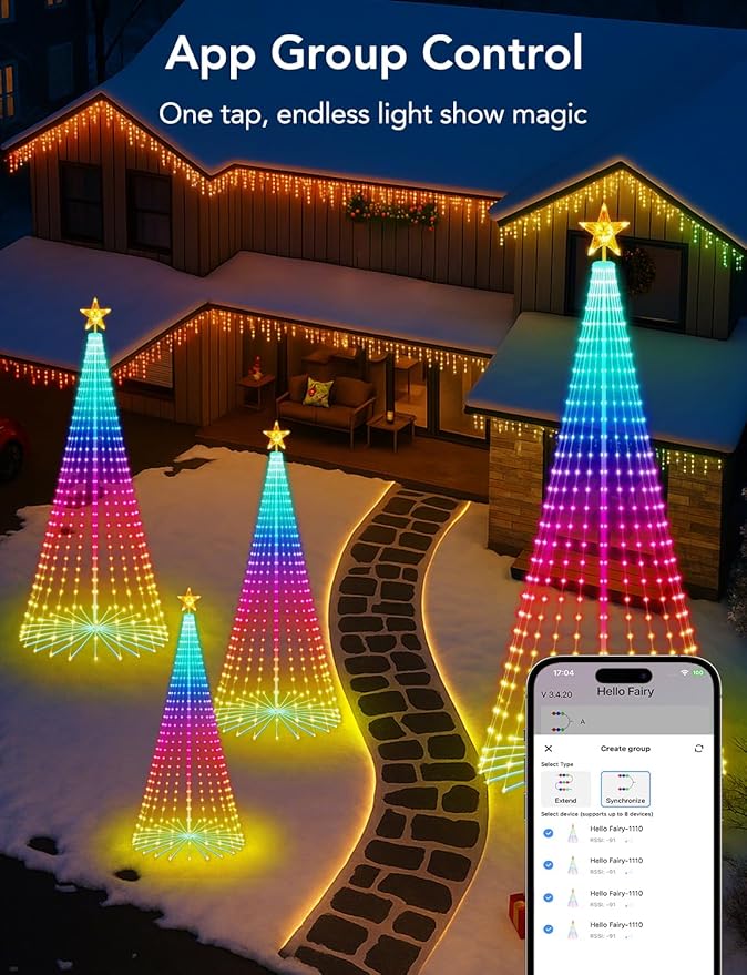 8 FT 340 LED Smart Christmas Trees Clearance Outdoor, Prelit Cone Tree with 16 Million DIY RGB LED Light Show, Lighted Artificial Tree with Remote APP Control Music Sync for Xmas Outdoor Decorations
