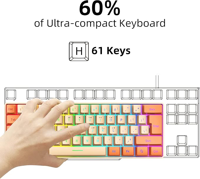 Snpurdiri 60% Wired Gaming Keyboard, RGB Backlit Ultra-Compact Mini Keyboard, Waterproof Mini Compact 61 Keys Keyboard for PC/Mac Gamer, Typist, Travel (Orange and Cream) | Backlit Ultra-Compact Mini Gaming Keyboard for PC/Mac Gamer, Typist, Travel