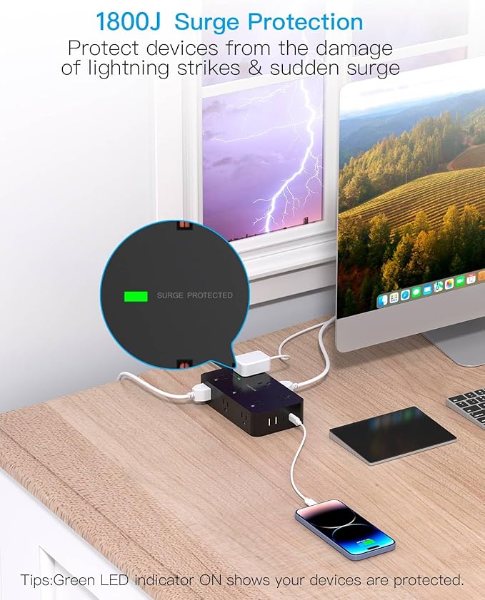 Power Strip Surge Protector with 12 Outlets 4 USB Ports(2 USB C), HANYCONY Black Flat Extension Cord 6 Feet, 1800J, Wall Mount, Desk Charging Station for Office Home College Dorm Room Essentials