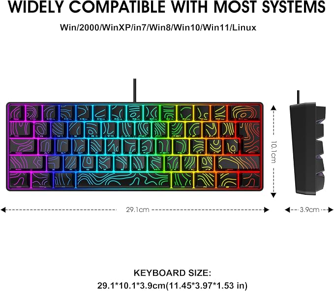 Snpurdiri 60% Wired Gaming Keyboard 61 Keys RGB (Contour Line-Black) | Backlit Small Gaming Keyboard Ultra-Compact for PC/Mac Gamer, Typist, Travel, Easy to Carry on Business Trip