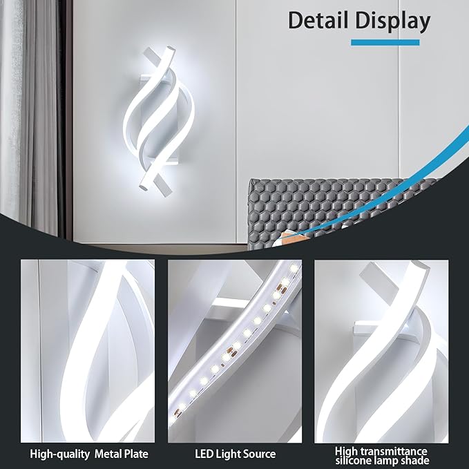 AUA LED Wall Sconce, 21W Modern Spiral Wall Sconce Lighting, 6500K Cool White Indoor Wall Light for Bedroom Living Room Office Restaurant Hallway, Wall Mounted Lamp