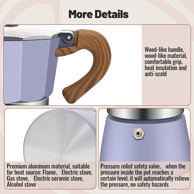 9 Cup Aluminum Moka Pot Classic Stovetop Espresso Coffee Maker 450ml 15oz Coffeemaker Percolator Mocha Pot Greca Coffee Maker Cafe Makers for Italian and Cuban Café Brewing Purple