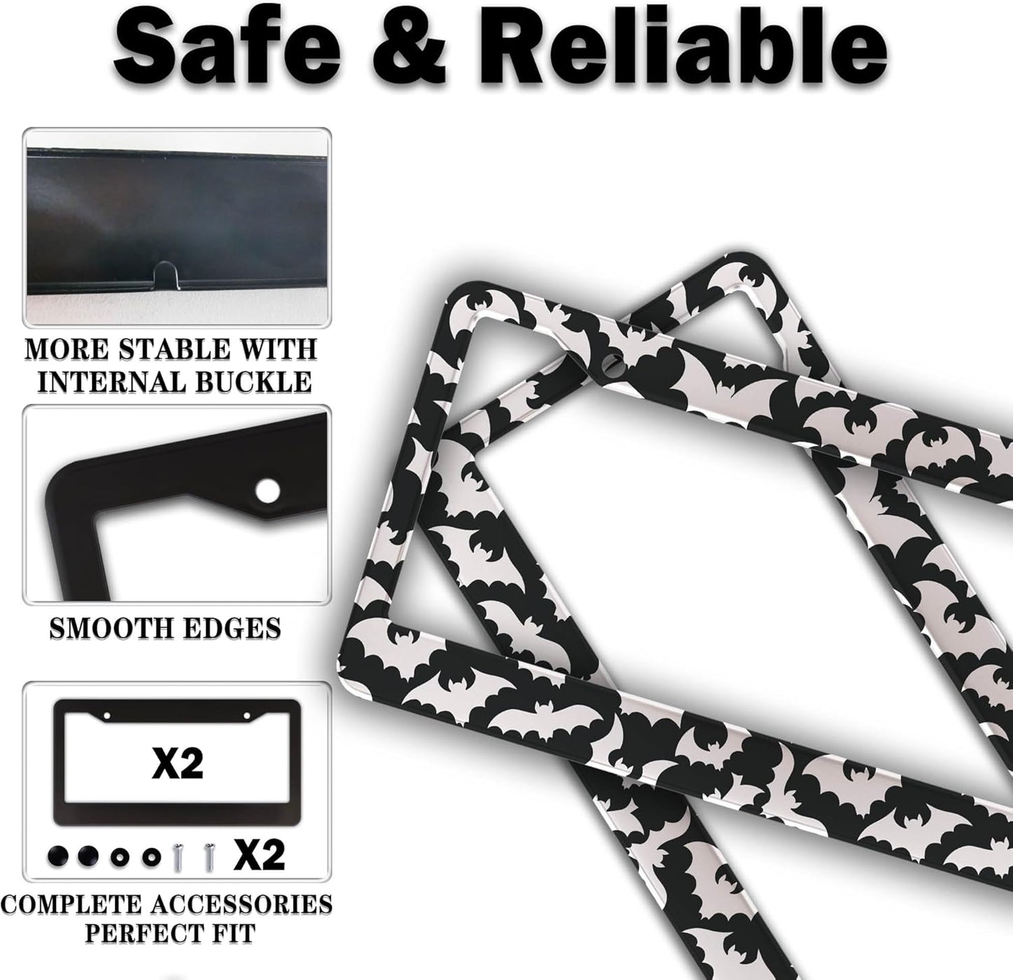 License Plate Cover for Women Black and White License Plate Frames for Men Dense Bats Aluminum Metal Car Accessory 2 Pack with Screw Covers Set