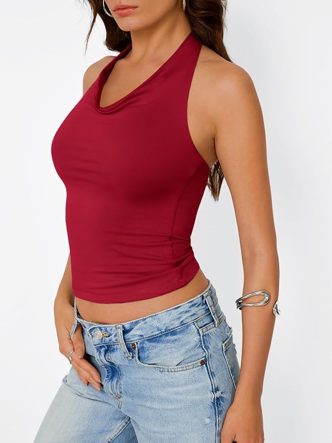 Trendy Queen Halter Tops for Women Going Out Summer Top | Cowl Neck Shirts, Sexy Backless, Fashion Y2K Clothes, Perfect for Party, Club, Vacation, Pair with High-waisted Bottoms