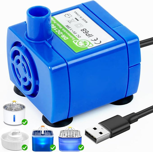 Cat Water Fountain Pump, IP68 DR-DC 160 Submersible Water Pump for Stainless Steel, Ceramic Cat Water Fountain, Cat Water Fountain Flower, Ultra Quiet Pet Fountain Pump (No Led & with Brush)
