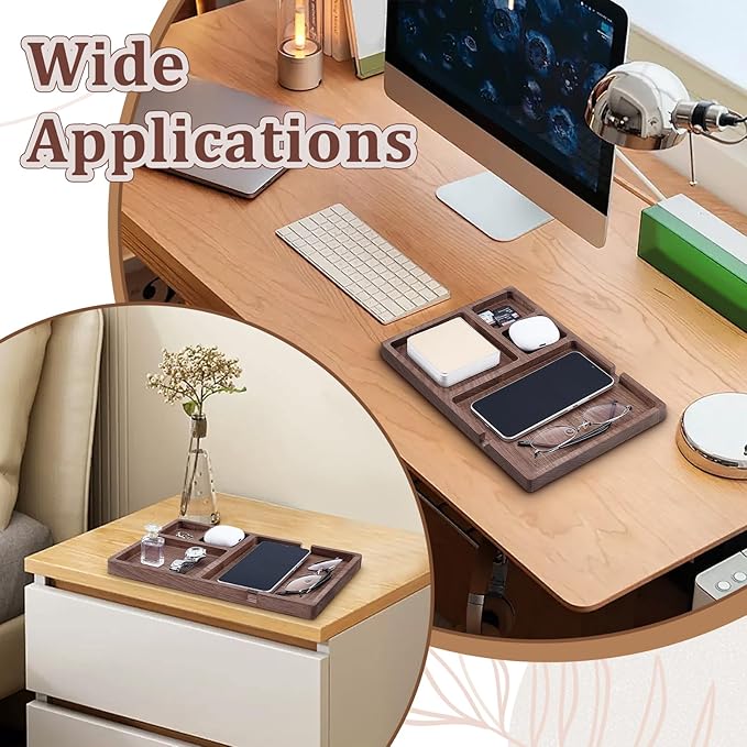 Wood Valet Tray for Men Women, Walnut Nightstand Organizer with Charging Station, Desk Drawer Organizer Tray Office Supplies, Desk Trays for Phone Watch Wallet Key Jewelry Catchall Trays