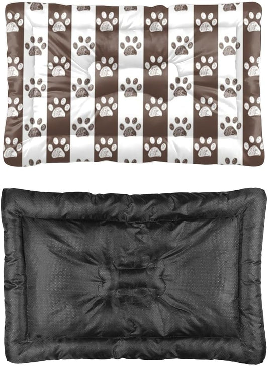 Brown Paw Print Stripes Washable Dog Bed Pet Crate Mat Puppy Pads Dog Crate Liner Pad Washable Non-Slip Cushion Bed for Small Dogs Sleeping Mat Small Indoor Outdoor 24X18 Inch