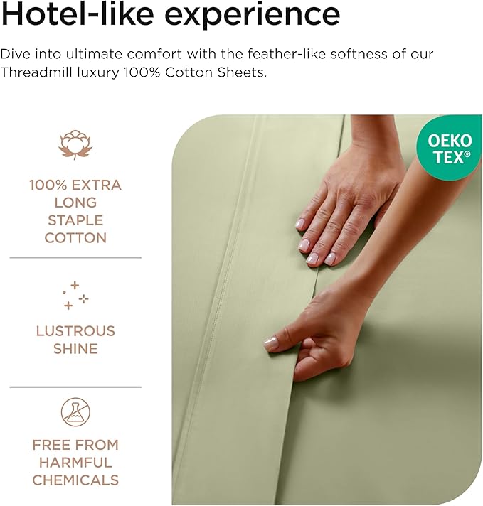 Threadmill Luxury 800 Thread Count Queen 100% Cotton Sheets - Sage Green Sateen Weave Bed-Sheets, Better Than Egyptian Cotton,4 Pc Solid Soft Bed Set, Fits 16" Deep Pocket