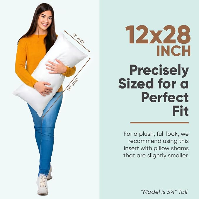 Pillowflex Synthetic Down Pillow Insert 12x28 in - Karate Chop Pillow | Large Rectangle Sham Form, Plush Polyester Cotton Blend, Cloud-Like Comfort, Clump-Resistant Fill, Smooth Elegant Finish