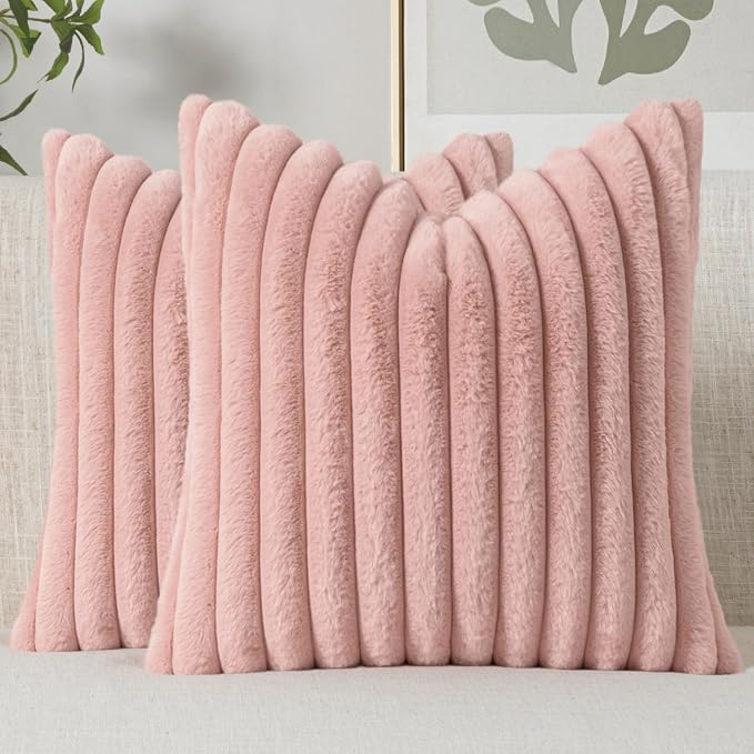 MIULEE Faux Fur Decorative Throw Pillow Covers 20x20 Set of 2 Blush Pink | Modern Cute Soft Plush Couch Pillows, Cozy Fluffy Cushion Covers for Sofa Bed Living Room Home Decor