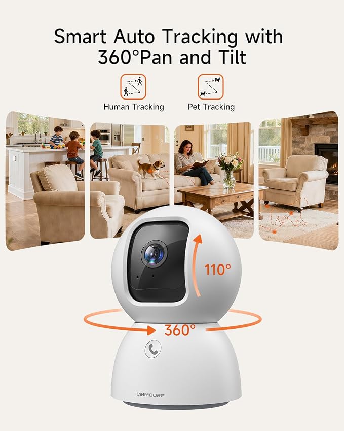 Smart 3K Indoor Dome Security Camera with AI Human/Pet/Facial Detection, 360�� Pan-Tilt Coverage, 2-Way Audio, 2.4GHz 5GHz Dual-Band Wi-Fi - Includes 64GB SD Card & No Subscription Needed