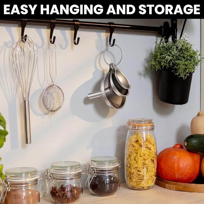 Mifoci 6 Pcs Stainless Steel Kitchen Funnels Set 3 Sizes Mini Food Grade Metal Funnels for Liquids, Oils, Powders & Spices Includes 2 Cleaning Brushes and Hanging Rings for Easy Storage