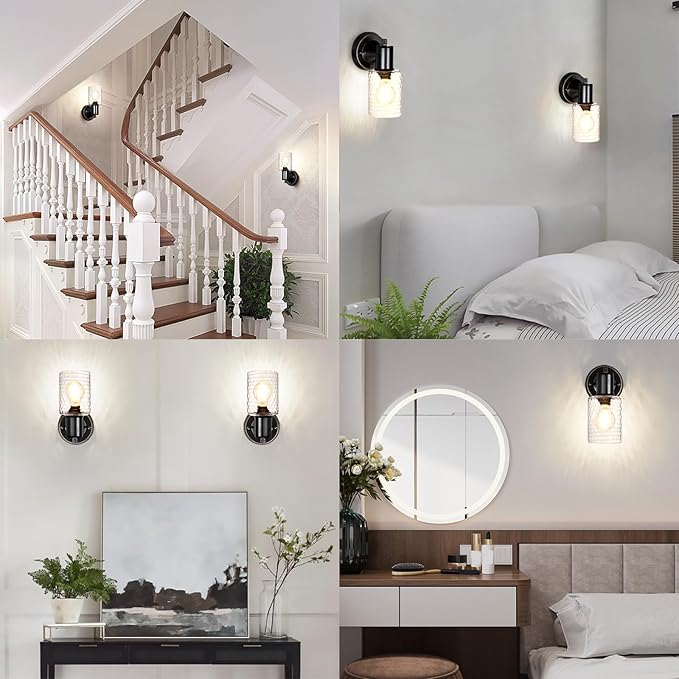 Wall Sconces Set of 2 - Matte Black Vanity Lights for Bathroom Modern Wall Light Fixtures with Rotary Switch - Wall Mount Light with Hammered Glass,Farmhouse Wall Lamp for Bedroom Mirror Living Room
