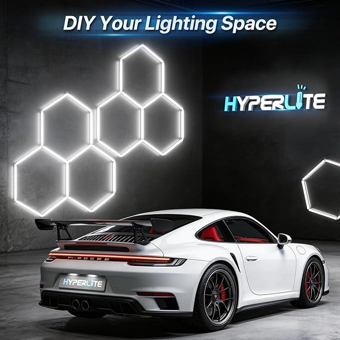 HYPERLITE Gen 2 Hexagon Garage LED Light, Upgraded 3 Level Dimmable 399W 39900LM Super Bright Garage Detailing Lights, 14 Grids Hex Shop Lights, Hexagon LED Lights for Basement, Car Detailing, Gym