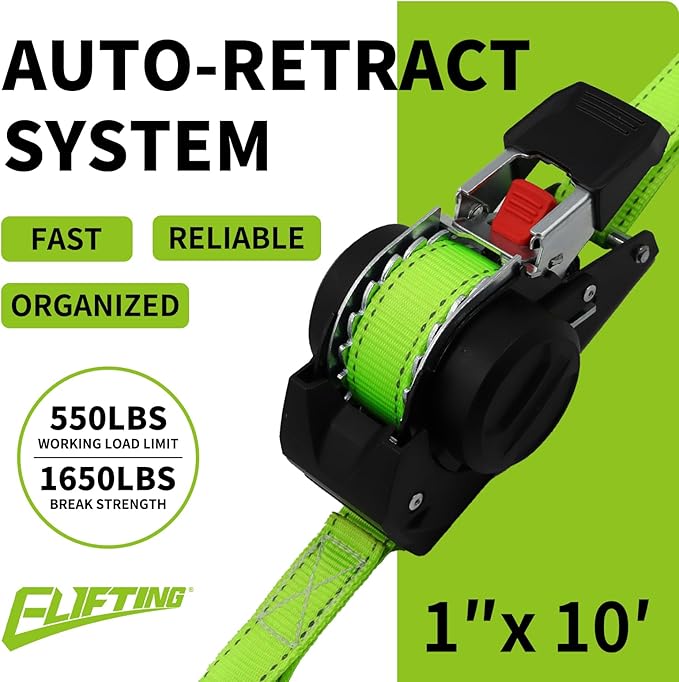 Retractable Ratchet Straps (2-Pack) 1 Inch x 10 Feet Auto Self Retracting Tie Down Straps (1650lbs Break Strength) Reflective Safety Stitching for Motorcycle ATV UTV Truck Trailer - Green