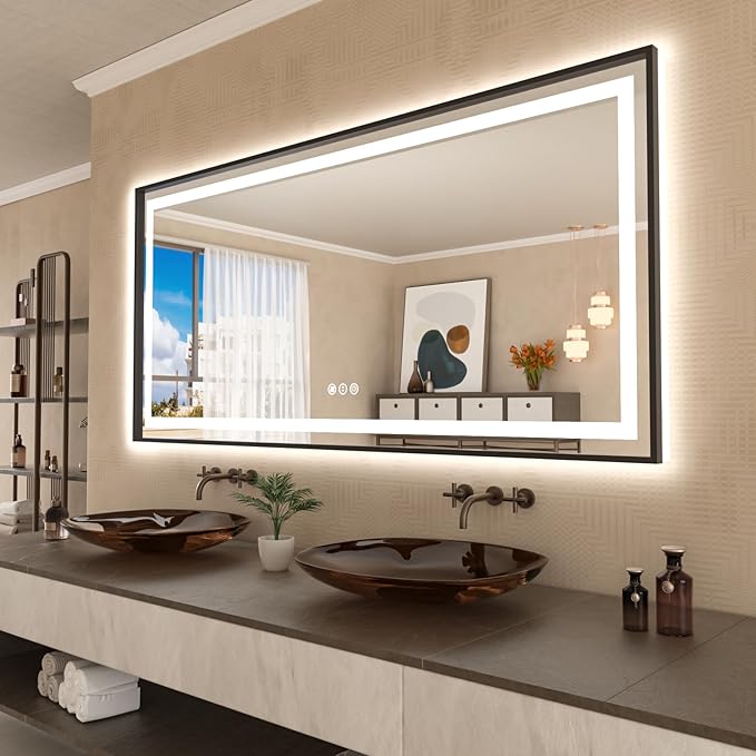 Amorho LED Bathroom Mirror, 84"X40" Framed Front Light and Backlit, Stepless Dimmable, Anti-Fog, Shatter-Proof, Memory, 3 Colors, Double LED Vanity Mirror