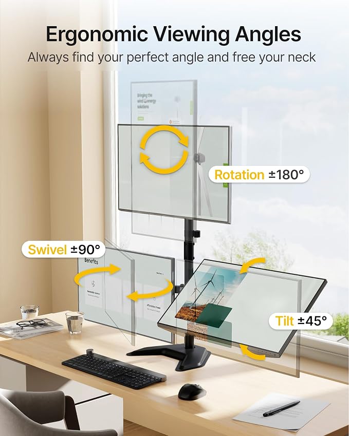 monTEK Freestanding Triple Monitor Stand for 17-32" Screens, 22 lbs Each | Solid V-shaped base, three-screen full-motion arms, height adjustment, tilt, swivel, rotation and VESA 75/100
