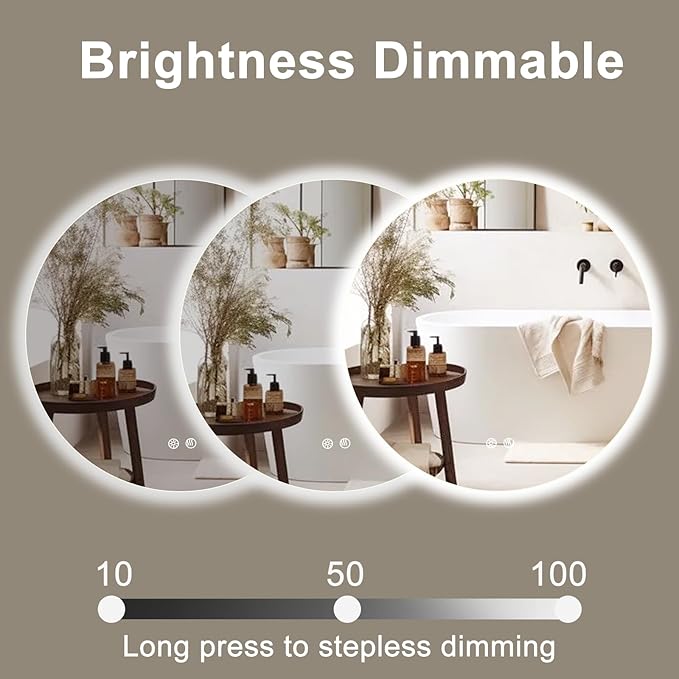 36 Inch Round LED Bathroom Mirror Backlit Anti-Fog Wall Mounted Lighted Bathroom Vanity Mirror 3 Colors Light Dimmable Smart Makeup Mirror with Touch Switch