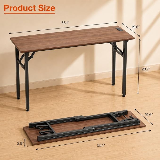 Folding Table Computer Desk - 55.1" No Assembly Folding Desk with Power Outlets & USB Charging Port, Small Desk, Foldable Office Desk, Compact Storage Portable Use for Small Space, Dark Walnut