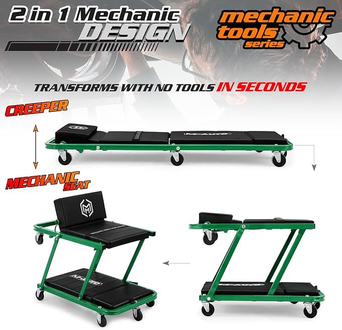 M-AUTO Heavy-Duty Convertible Mechanic Creeper, 48" Padded Adjustable Headrest Roller Garage Chair with 7 Swivel Casters for Washing, Detailing, Maintenance, Green