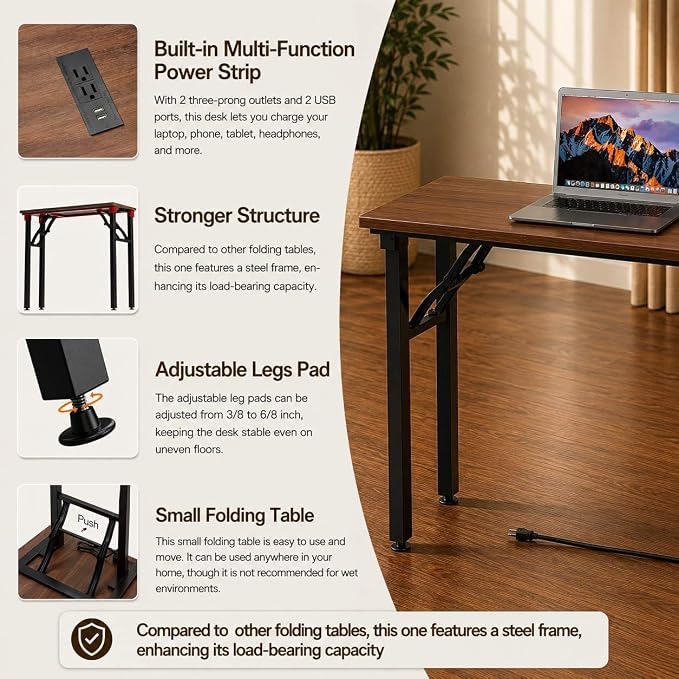 Folding Table Computer Desk - 43.3" No Assembly Folding Desk with Power Outlets & USB Charging Port, Small Desk, Foldable Office Desk, Compact Storage Portable Use for Small Space, Dark Walnut