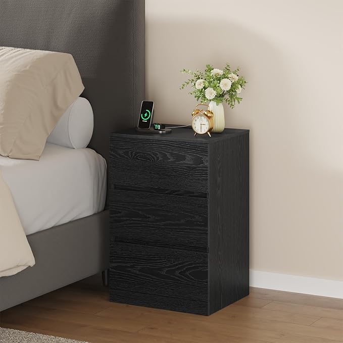 Nightstand Set of 2, 26" H with Hidden Drawer, Bedside Table with Charging Station, 4 Drawers, Modern Night Stand for Bedroom, Black