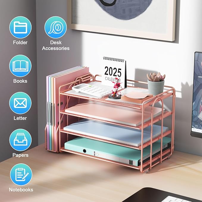 gianotter 4-Tier Paper Organizer With Magazine Holder | Desk Organizers and Accessories, File Organizer for Office Supplies Storag (Rose Gold, 4-Tier)