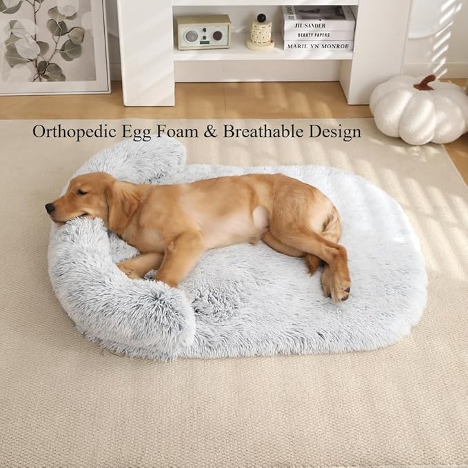 Calming Dog Bed - Fluffy Plush Mat with Removable Washable Cover | Furniture Protector for Large Dogs & Cats(Khaki,47.24X29.53X5.91in)