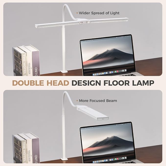 Voncerus LED Desk Lamp for Home Office, Double Head Desk Light with Clamp | 3 Modes 10 Brightness, Long Flexible Goose-Neck, Eye-Caring, Memory Function, Energy Efficient, USB Adapter, Metal, White